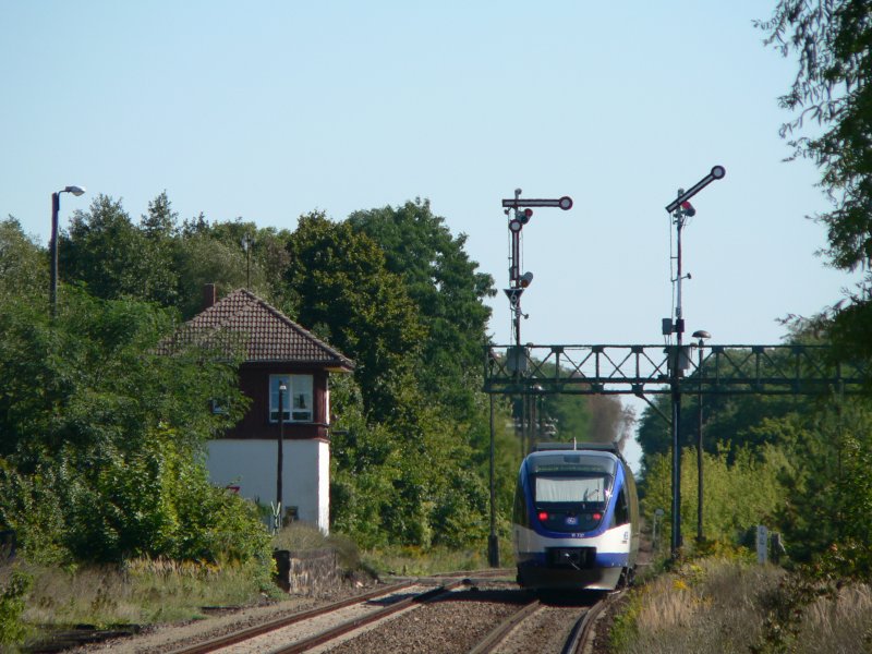 Regional train of the Niederbarnimer Eisenbahn (NEB) in Mncheberg. Type of train: Talent. Aug 2008