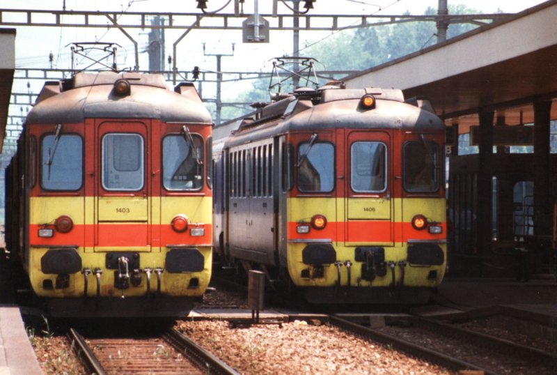 SBB RBe 4/4 1403 an 1406 with special coloured front for Seetal-line on 23.05.1993 at Arth-Goldau. 
