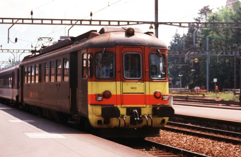 SBB RBe 4/4 1403 with special coloured front for Seetal-line on 23.05.1993 at Arth-Goldau.
