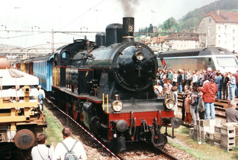 Steam locomotive Eb 3/5 9 from Bodensse-Toggenburg-Bahn on 10.5.1997 in St.Gallen at the official exhibition for 150 Jears Railways of Switzerland.