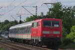 DB Gebrauchtzug 111 158 pushes an RB37 replacement train through Kaarst-Broicherheide on 9 May 2025.