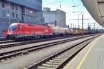 Engineering train with 1116 142 -without CAT-markings-  stands in Linz on 10 May 2018. 