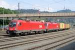 ÖBB 1116 123 stands with a container train on 18 May 2018 in Kufstein. 