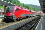 RailJet 1116 237 calls at Leoben Hbf on 1 June 2016.