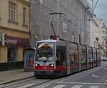 Tram no.743 at the stop “Stollgasse” in the direction “Praterstern” of Vienna. June 6, 2023