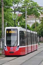 Tram 347 of Wiener Linien climbs the incline from Gumpendorfer Straße stop to Mariahilfer Gürtel stop.