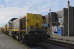 On a grey 6 May 2023 InfraBel 7857 stands at parked at Eeklo in preparations of track work between Gent and Eeklo.