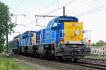 The Infrabel 7823 towed by the 6296 together with the 7804. NMBS Class 77: between 1999 and 2005  170 of these diesel locomotives were build by Siemens-Vossloh. Numbers: 7701 to 7870.  Max speed: 100km/h. Power: 1150kW.  110 are in service at Lineas, ...