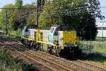 The Lineas 7865 and 7857 on route out of the port of Antwerp. Siemens-Vossloh NMBS serie 77-78 build in 2005 with construction N� 1001291. NMBS Class 77: between 1999 and 2005  170 of these diesel locomotives were build by Siemens-Vossloh. Numbers: 7701 to 7870.  Max speed: 100km/h. Power: 1150kW.  110 are in service at Lineas, 37 are in service at the NMBS, 23 are in service at Infrabel, BLS Cargo Nord have 3, Certus Rail have 3 in service.  Line 27A at Antwerp Airport. 29-09-2026 
