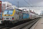 NMBS/SNCB 1844 seeks new personnel and pushes an IC out of Namur toward Bruxelles-Midi on a grey 11 February 2024.