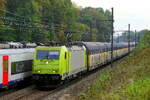 The BLS Nord 186 114 on route to the port of Antwerp with a closed auto train.