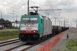 CoBRa 2824 is about to pass Antwerpen-Luchtbal on 18 June 2014. The photo was taken from the platform; the camera aimed into the free field, giving this effect.
