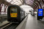 The NMBS 444 as IC Antwerpen Centraal to Kortrijk at platform 3, level +1 in Antwerpen Centraal.  
NMBS Class MS96 (MR96/EMU96) : A total of 120 of these EMU (Electric Multi Unit) where build between 1996 and 2000 by Bombardier Brugge. Numbers: 441 to 490 and 501 to 570. Number of Carriages: 3. Length: 79,20m Number of seats: 213. Max speed: 160km/h. Power supply: numbers 441 to 490: 3000V and 25kV , numbers 501 to 570: 3000V. Nickname: Danish Nose. Antwerpen Centraal. 24-10-2026
