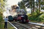 . The steam engine SA 01 of the heritage railway CFV3V (Chemin de Fer  Vapeur des 3 Valles) is leaving the station of Olloy-sur-Viroin on September 27th, 2014.