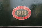 Number shield of SNCV (Societé Nationale des Chemins Vicinales) 808 seen in Treignes on 22 September 2023.