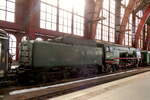 The NMBS 1002  Superpacific  at Antwerpen Centraal for the celebration of 100 years NMBS. A total of 35 of these steam locs were build in 1935 by Consortium Belge de constructeurs de locomotives (Cockerill-Tubize-Haine Saint Pierre-La Meuse). 4-6-2, Max speed: 140km/h, power: 3200pk, Weight: 209 ton, Length: 24,36m with tender. Out of service in 1962. The loc was towed from the CFV3V museum at Treignes all the way to Antwerpen Centraal at a speed of 20 to 30km/h. Antwerpen Centraal 10-10-2026