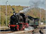 . The steam engines 158  Elna , SA 03 Tubize 2002 and AD 05 Tubize 2007 are running through the station of Mariembourg on September 27th, 2009. 