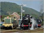 . Several locomotives of the heritage railway CFV3V pictured in Treignes on September 28th, 2008.