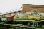 Scanned picture of ex-NMBS 5117 on 12 September 2004 at Saint Ghislain. This engine has been masqueraded as '5001' in light blue.


