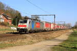Locomotive 186 187 from Crossrail Belgium hauling a Arcese container train between Aachen-West and Zeebrugge , is passing Testelt on line 35