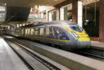 The Eurostar 4019 from London St Pancras to Amsterdam Centraal at platform 22, level -2 at Antwerpen Centraal. Eurostar E320 (Eurostar Velaro):  A total of 17 of these High Speed Trains were build by Siemens between 2011 and 2018. Numbers: 4001 to 4031. Max speed: 320km/h. Power: 16000kW. Power supply: 25kV / 15kV / 3kV / 1500V. 2 locomotives and 16 carriages, length: 390m, seats: 900. Antwerpen Centraal. 24-10-2026