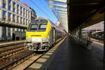 The NMBS 65037 at platform 2, level +1 at Antwerpen Centraal.  
NMBS type M6: A total of 492 were build by Bombardier Brugge and later Alstom Brugge between 1999 and 2011. Max speed 160 some 200km/h Subtype A: first class: 76 n�61001 to 61076 Subtype B: second class: 276 n� 62001 to 62276 Subtype BD: top second class, bottom wheelchairs and bikes 76 n� 69001 to 69076. Subtype Bx: driving car 64 n�65001 to 65064 max speed 160km/h. Antwerpen Centraal. 24-10-2026