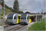 The BLM Be 4/6 102 'Mönch' on the way from Mürren to Grütschalp (on the right) and the BLM Be 4/6 101 'Eiger' on the way from the Grütschalp to Mürren (on the right) in the Winteregg station. 

08.08.2024