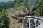 The SEG G 2x 2/2 105 of the Blonay Chamby Railway is en route with its steam train from Blonay to Chamby, crossing the newly renovated Baye de Clarens viaduct. The western section of the viaduct has been rebuilt and will be able to absorb the constan ...