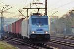 On the evening of 7 April 2018 Metrans 386 014 hauls a container train through Pirna toward Ceska Trebova.