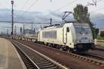 On 17 September 2017, a badly loaded Metrans container train with 386 013 gets the go-ahead at Praha-Liben toward Ceska Trebova