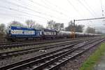 Tank train with CHT 740 721 stands at Decin-Vychod on a rainy 7 April 2017.