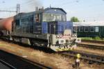 On 30 May 2012 UniPetrol Doprava 741 512 hauls a tank train out of Pardubice toward Praha-Liben.