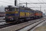 On 1 January 2017 AWT 753 732 -still carrying OKD Doprava livery-  hauls an AWT liveried sister loco through snowy Breclav.