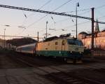 CD 150 221 (nickname - Rat) express  Milesovka  (Decin to Prague) is going through railway station Kralupy on the 13 Nov 2012