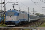 EC 'HUNGARIA' is hauled by 380 003 when entering Ostrava hl.n. on 4 May 2016.