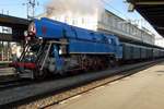 With a steam special, Papousek 477 043 stands at Praha-Masarykovo on 20 September 2020. She  will haul a train to the Bohemian Pacific, a holiday region not to far from Prague.