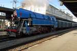 With a steam special, Papousek 477 043 stands at Praha-Masarykovo on 20 September 2020.