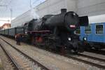 The first of about thirty extra trains that weekend stands in Benesov u Prahy with Czech Kriegslok 555.0153 at the reins on Friday 26 September 2025.