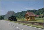 With an Emmental Railway steam train traveling to Wasen i. E., the E 3/3 853 (UIC 90 85 0008 573-3) reaches the Oberei stop; a stop on request. Although the line is no longer served by scheduled passenger trains, the station building remains in opera ...