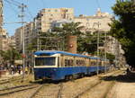 Wagens 179, 180 en 181 van de tram van Alexandrië met een driewagenstel op 25 april 2025 onderweg naar het station. De huidige plannen voorzien in de beëindiging van de tramdienst in Alexandrië, die de stad sinds 1863 verbindt. Hopelijk zal dit niet daadwerkelijk gebeuren.