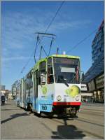 The Tatra tram 160 on the service line 4 to lemiste by the stop on the Viru Square..