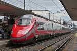 ETR 600 01 train stops at the platform in Ferrara. May 8th, 2025
