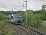 The SNCF X 73756 is operating as a TER from Delle to Belfort and is arriving at Meroux.