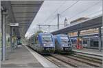 Waiting for departure in Belfort: the SNCF X 73744 and X 73744 as TER to Besançon and on the siding the SNCF X 73755 as TER to Delle.