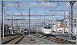 While on the left in the picture the SNCF 27672 and another as TER arrive in Lyon Part Dieu, the RENFE AVE 100 221-1 (9 6 71 9-100 221-1) arrives from the (former) Lyon Brottaux station, where the train is briefly parked was to provide the Lyon Part Dieu train station.

March 13, 2024