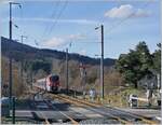 The SNCF Coradia Polyvalent régional tricourant Z 31531 is the Léman Express L3 23460 from  Coppet 10:04 to St-Gervais-les-Bains-le-Fayet and is arriving at St-Pierre-en-Faucigny.