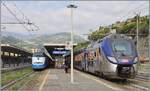 In Ventimiglia, slightly in the background, the FS Trenitalia iC 745 is waiting to depart for Milano Centrale. As is typical for this route, it is hauled by two E 414 locomotives, both of which, like the entire train, are sporting the new iC livery. Next to it, on the right, is the SNCF Z55519. The SNCF Regio 2N PHD train will soon depart for Les Arcs.

September 26, 2026