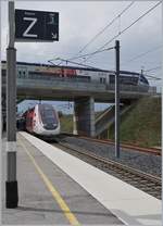 TGV 4419 to Mulhouse and a TER to Belfort in the Meroux -Belfort-Montbeliard TGV Station.