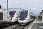 Am Bahnsteig A in Annemasse wartet der SNCF TGV-Zugverband 711—nach seiner Ankunft als TGV inOui 6482 aus St-Gervais-les-Bains-Le Fayet—auf seine Abfahrt nach Paris Gare de Lyon, während der TGV-Zugverband 716, der in entgegengesetzter Richtung als TGV inOui 6473 verkehrt, nach St-Gervais-les-Bains-Le Fayet unterwegs ist.<br><br>21. Februar 2026