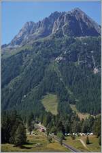 A very smal train by a very big mounten: A TER is approching the Vallorcine Station.